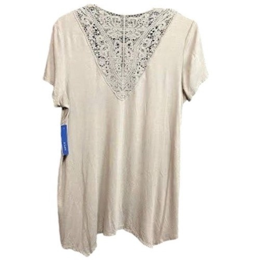 Women's Beige Short Sleeve Open Front Cardigan Crochet Back Detail - Picture 2 of 4